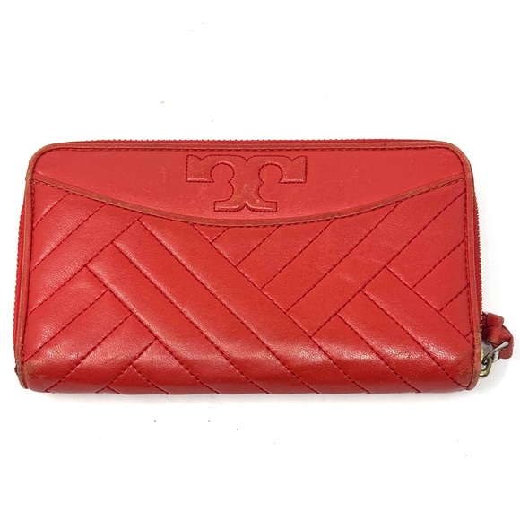 Tory Burch Quilted Leather Alexa Zip Around Continental Wallet  Poppy Orange Red - Picture 1 of 8